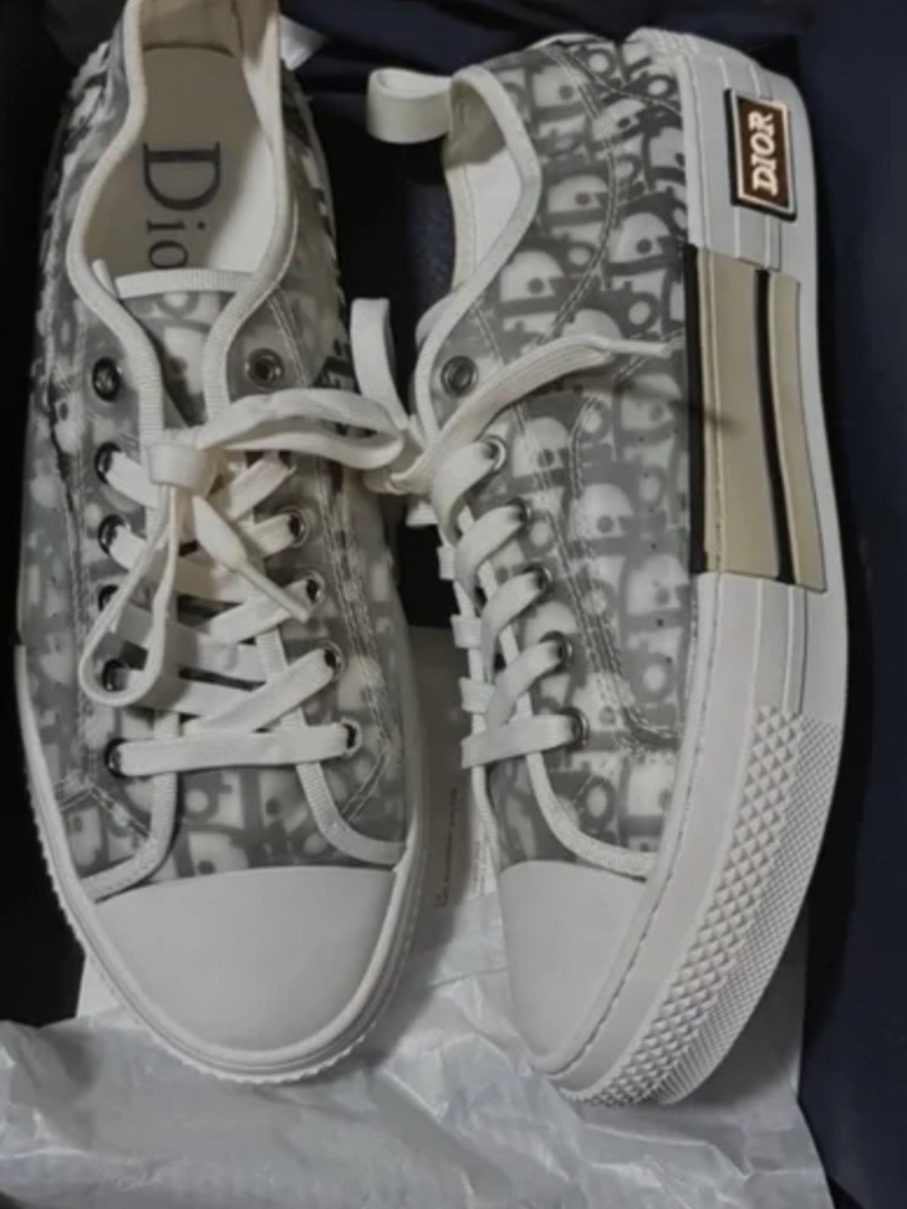 Dior White and Gray Monogram Low-Top Sneakers